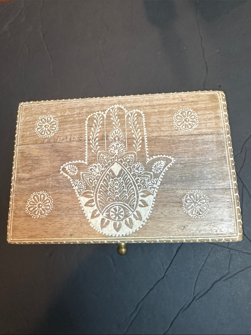 Handcrafted Wooden Hamsa Decorative Box in Natural Brown